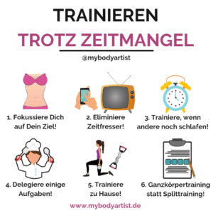 Auch, wenn Du nur wenig Zeit für Sport hast, sollte dies Dich nicht daran hindern Deinen Traumbody zu erreichen. Daher erkläre ich Dir heute einmal, wie Du auch trotz vollem Terminkalender Zeit zum Trainieren finden kannst und wie Du mit minimalem Zeitaufwand das Beste aus Dir herausholst. www.mybodyartist.de